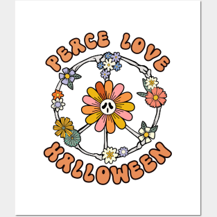 Peace Love Halloween Skull Pink Flowers Posters and Art